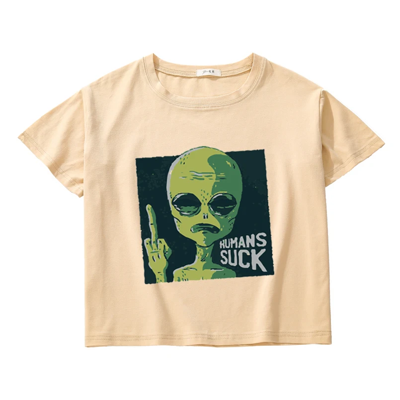 Футболка Alien Kawaii funn Женская хлопковая винтажный укороченный топ с графическим