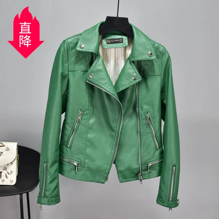 Leather women's 2021 spring dress new rivet suit collar waist short green foreign style leather jacket short coat enlarge