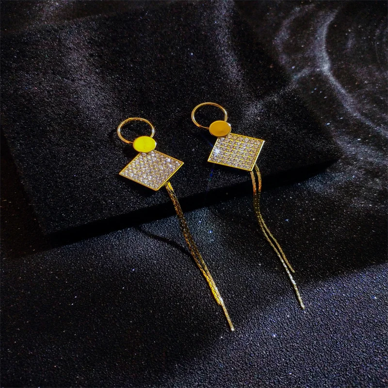 

Fashion Long Tassel Metal Chain Earrings Full Geometric Square Rhombus Crystal Rhinestone Zircon Stud Earrings Wedding Jewelry