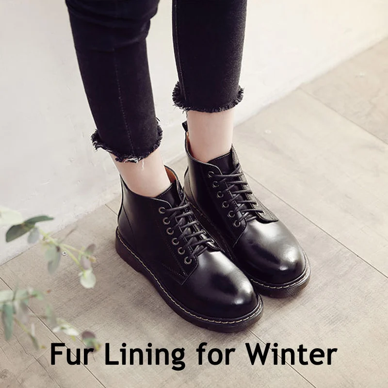 Black Fur Классические ботинки из натуральной кожи; женские осенние ботильоны на шнуровке; женские зимние ботинки martin с круглым носком на платформе; женская обувь - Цвет: Black Fur