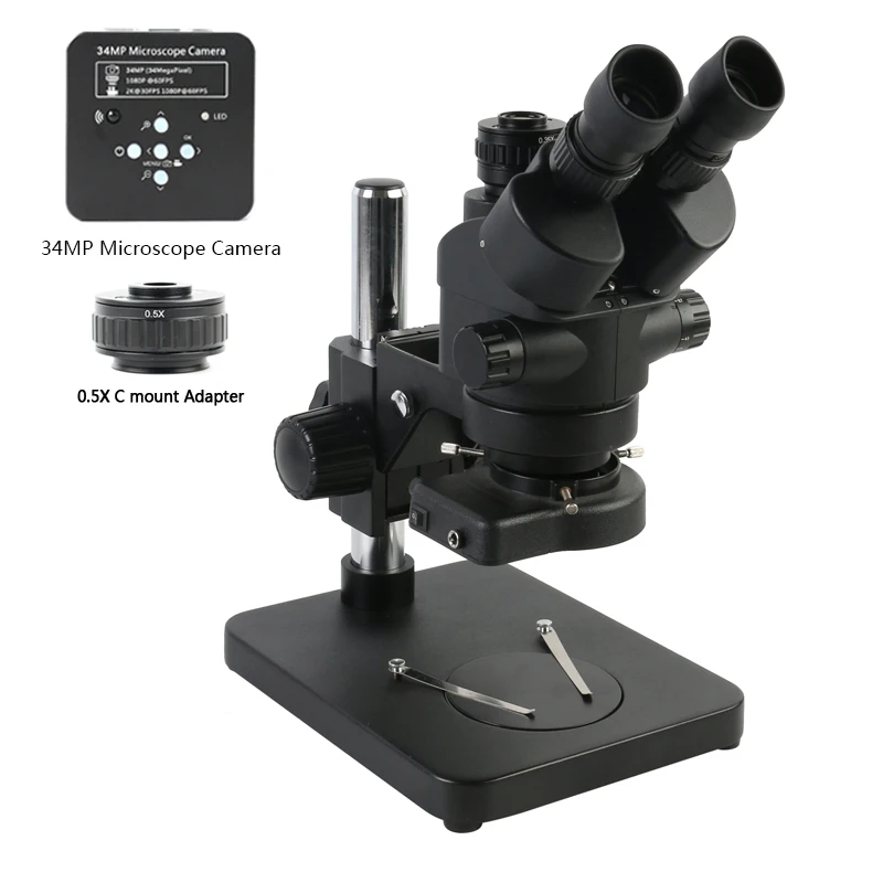 

3.5X-90X Simul Focal Trinocular Stereo Microscope+1080P 34MP HDMI USB TF Video Camera+0.5X 2.0x Objective Lens For PCB Soldering