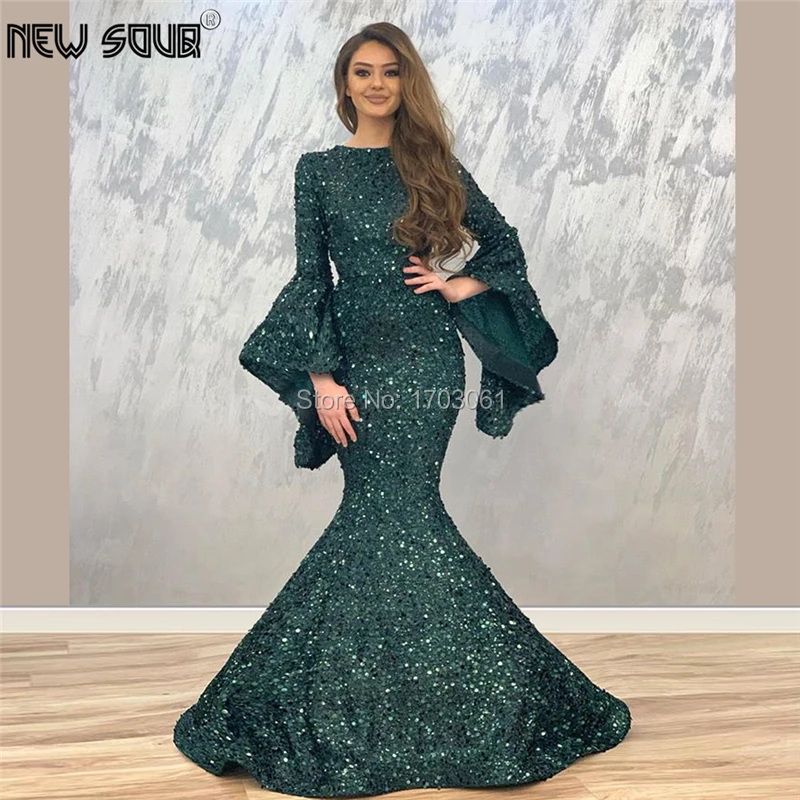 Длинное вечернее платье русалки зеленого цвета в арабском стиле для турецкой