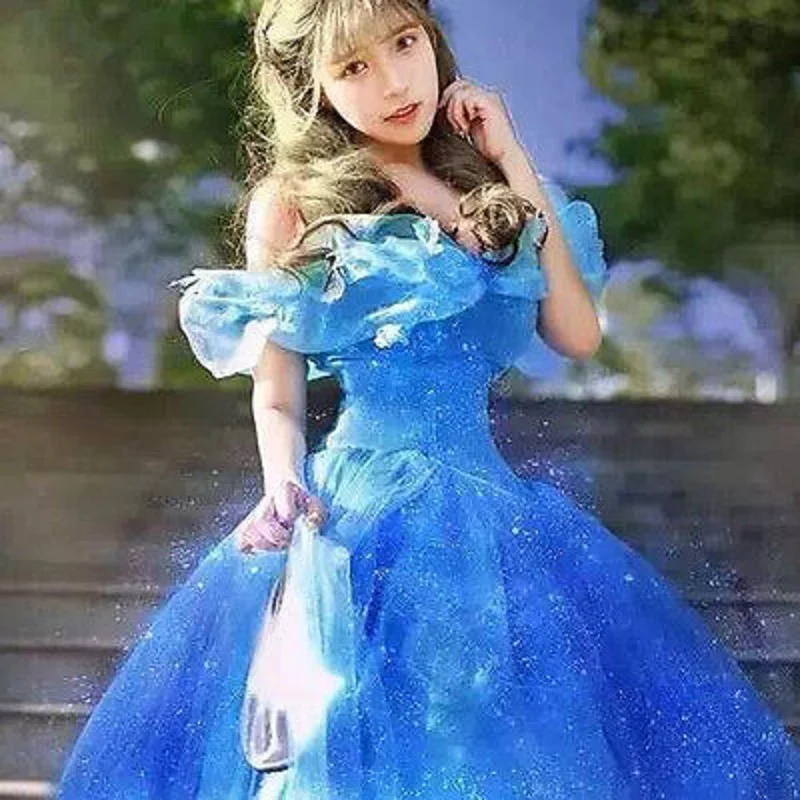 new blue fancy dress movie scarlett sandy princess cinderella dress off shoulder cosplay costume adult girls dresses free global shipping