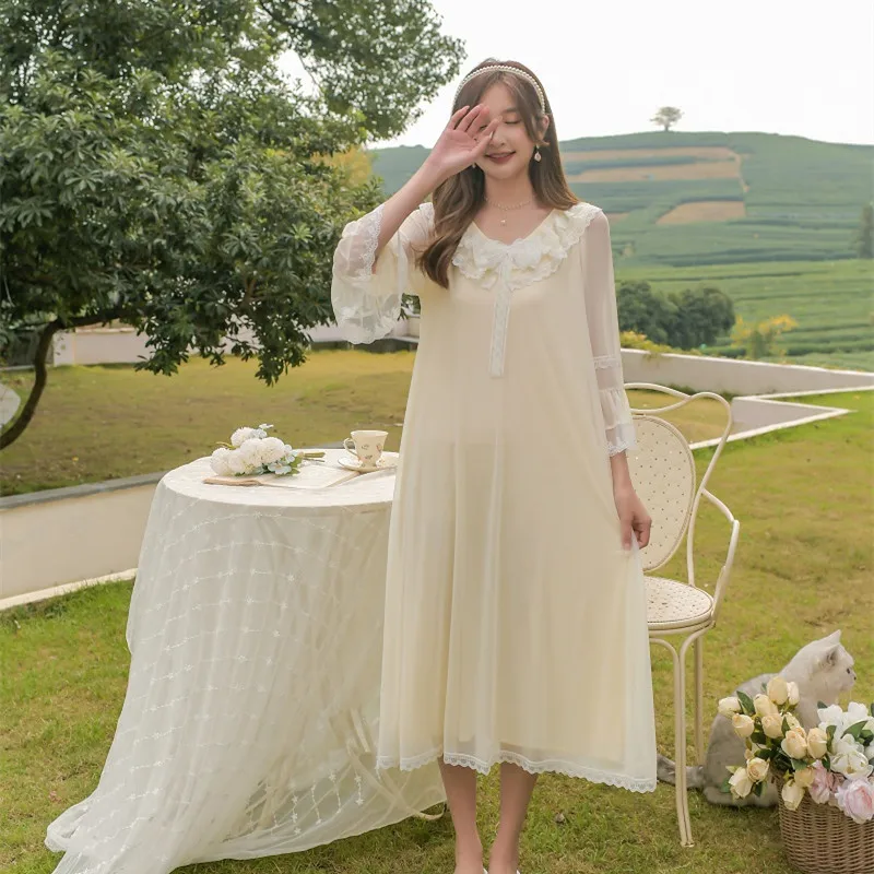 

Vintage Soft Modal Gauze Long Nightgowns For Lady Lace Three Quarter Sleeve Loose Nightshirts Spring Summer Elegant Sleepwear