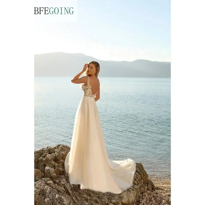 

Ivory Lace Tulle Sleeveless Floor-Length A-Line Wedding Dresses Chapel Train Custom Made Layered Skirt Bridal Gowns