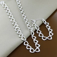 925 silver necklace fashion full small heart charm necklace bracelet beautiful jewelry set female gift