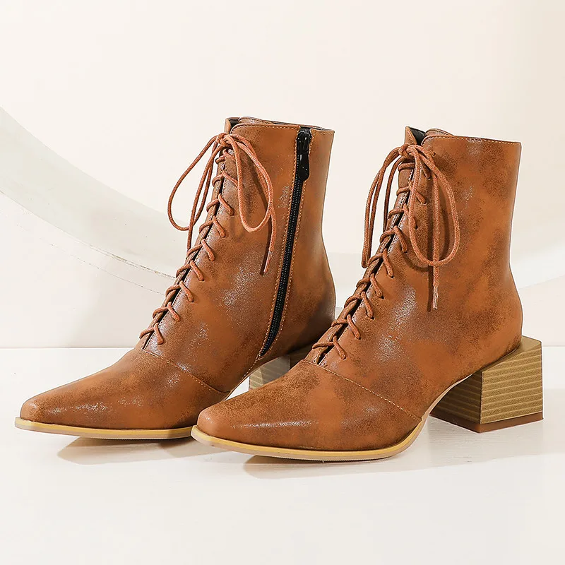 YMECHIC/мотоботы на высоком квадратном каблуке с перекрестной шнуровкой Женская