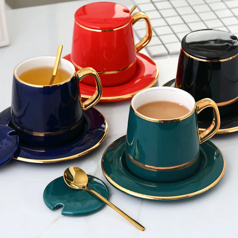 Европейский стиль 350 мл керамическая кофейная чашка наборы с крышкой блюдо ложка
