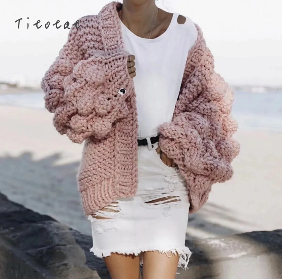 2021 Promotion Full Standard Solid Pull Great Cardigan Women Weave Coarse Needle Fall Winter New Europe Black Sweater Pink Knit |
