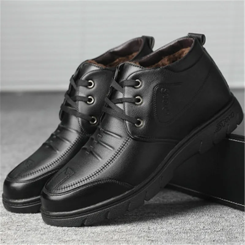 Ботинки мужские однотонные кожаные теплые водонепроницаемые ботильоны с