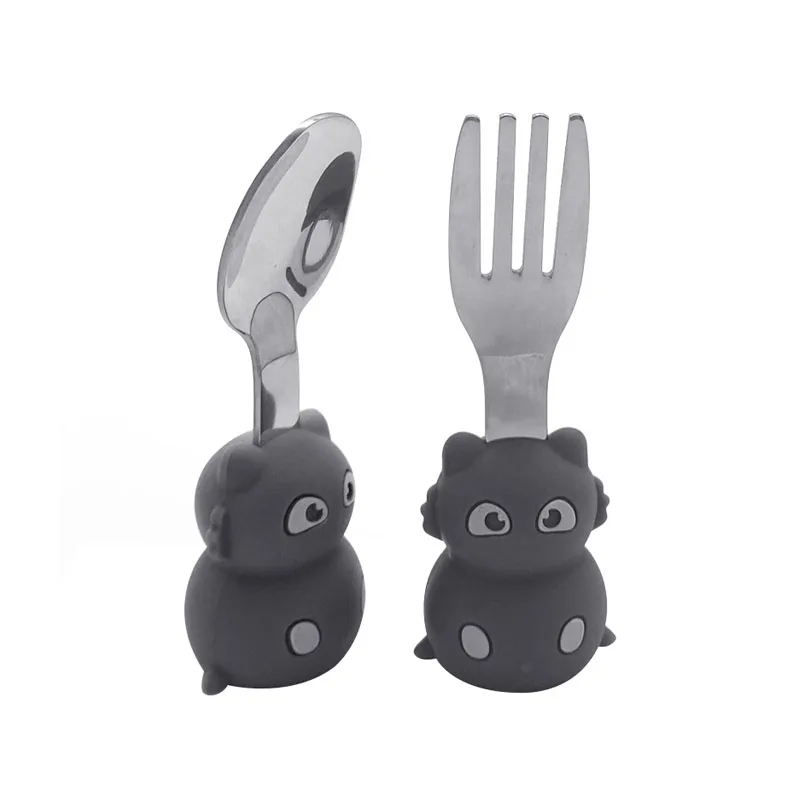 

stainless steel+Silicone Baby Dishes Set Plate Spoon Fork Non-Slip Toddler Self-Feeding Tableware Cute Baby Spoon Fork Dishes