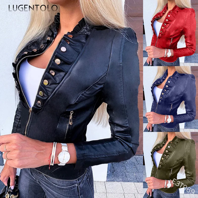 

Lugentolo Women Biker Faux Leather Solid Color New Style Slim-Fit Jacket Zipper Pocket Fashion Female Trend Faux Leather 5XL