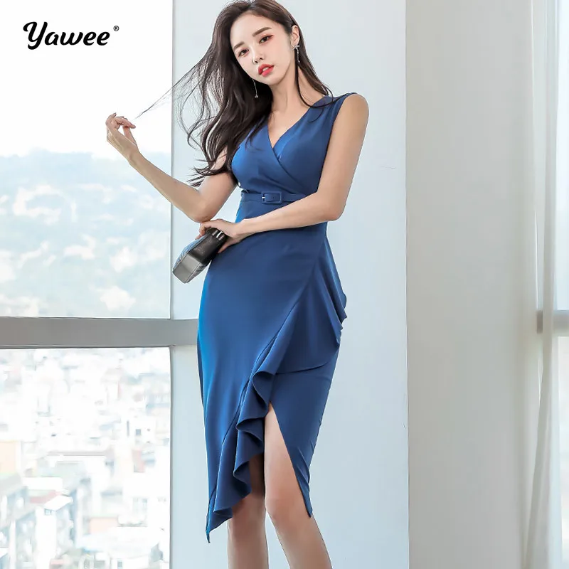 

Yawee Summer style office knee kength blue Dress Women Sleeveless deep v neck sexy Dress Ladies Casual Dresses Vestidos