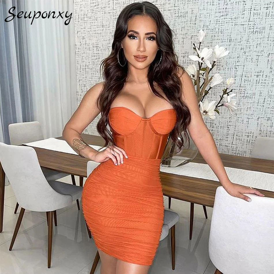 

High Quality 2021 Summer Women's Sexy Spaghetti Strap Backless Pleated Bandage Dress Bodycon Celebrity Club Party Dress Vestidos