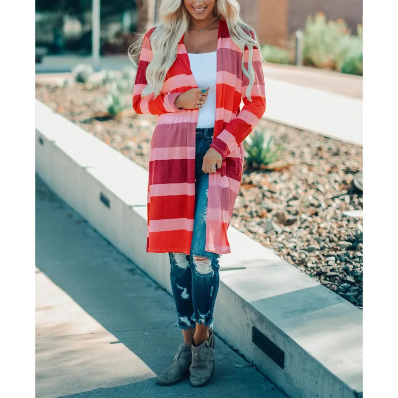 

BAMBOOBOY Women New Spring Autumn Fashion Stripe Loose Knit Casual Cardigan Open Stitch FC723