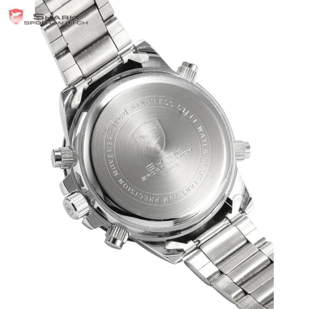 Акула спортивные часы Dual Time Цифровые стали Porbeagle Календарь Будильник Секундомер Мужские кварцевые наручные часы/SH046/047