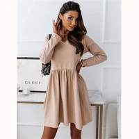 2021 autumn winter short womens solid color mini dress v neck long sleeved skirt loose casual dress office style mini dresses