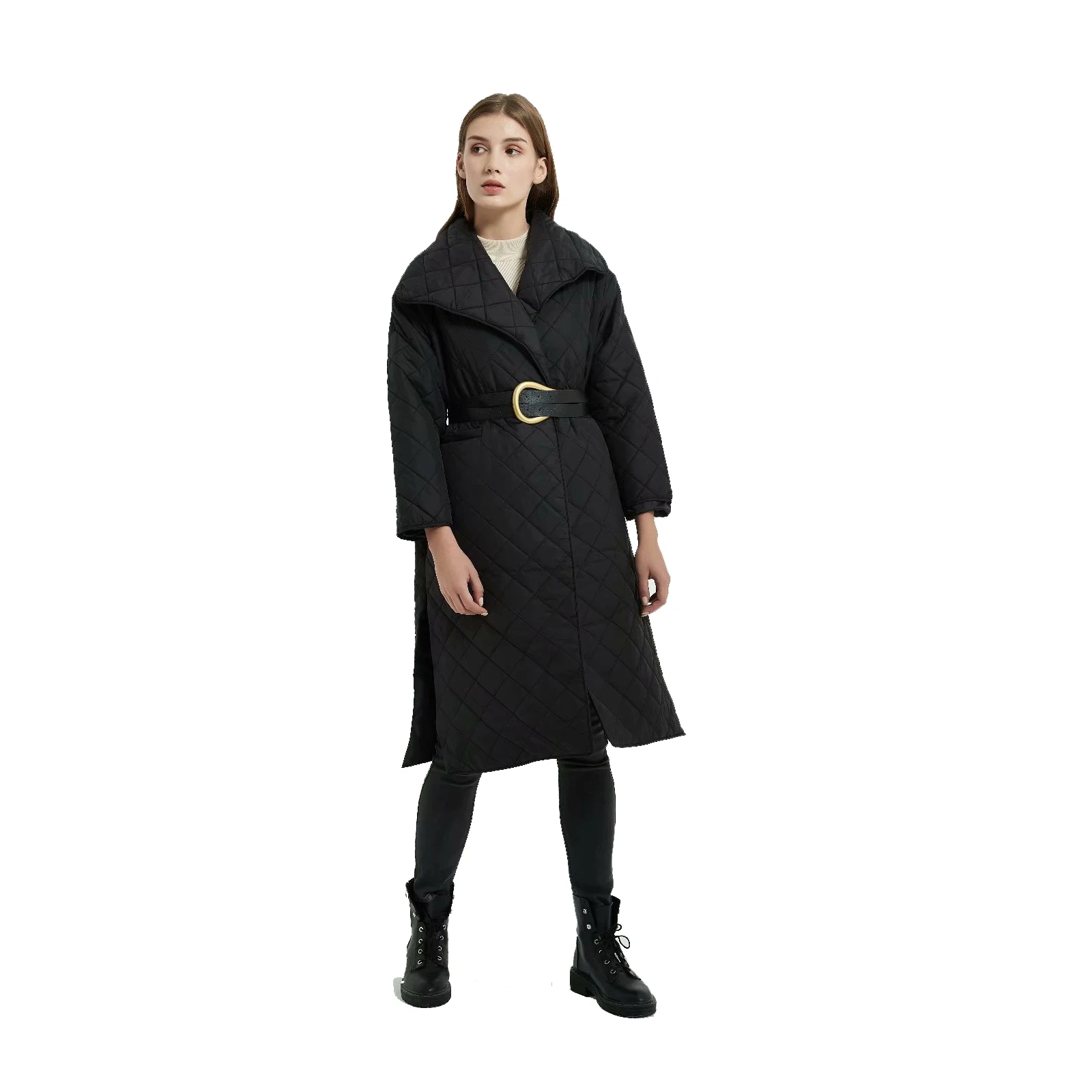 

202 winter women's high-neck mid-length rhombic cotton jacket women's jacket open side slits light cotton clothing trend Style
