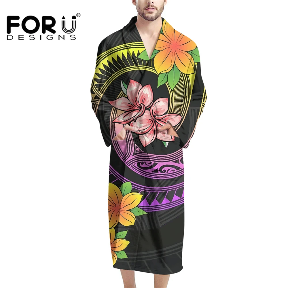 

FORUDESIGNS Polynesian Custom Personalised Plumeria Flowers with Spiral Patterns Men's Bathrobe Loose Homewear Flannel Nightgown