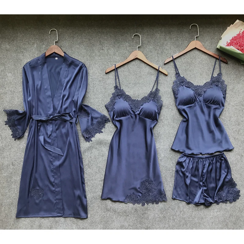 

Sexy Women's Robe & Gown Sets Lace Bathrobe + Night Dress 4 Four Pieces Sleepwear Womens Sleep Set Faux Silk Robe Femme Lingerie