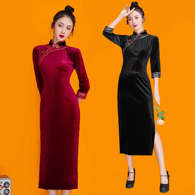 

Оригинальное бархатное платье-Ципао, осень 2021, новое приталенное банкетное платье в стиле ретро старого Шанхая, высокого качества