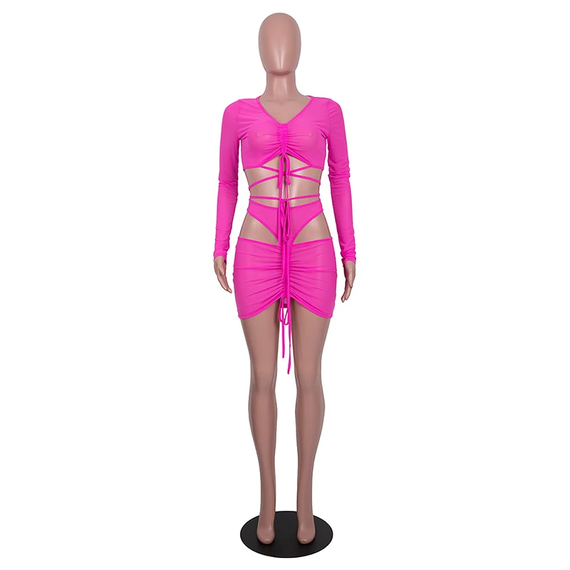 

Kricesseen Sexy Solid Black Ruched Skirt Set Women Bandage Long Sleeve Top And Hollow Out Mini Skirt Suit Clubwear Tracksuit