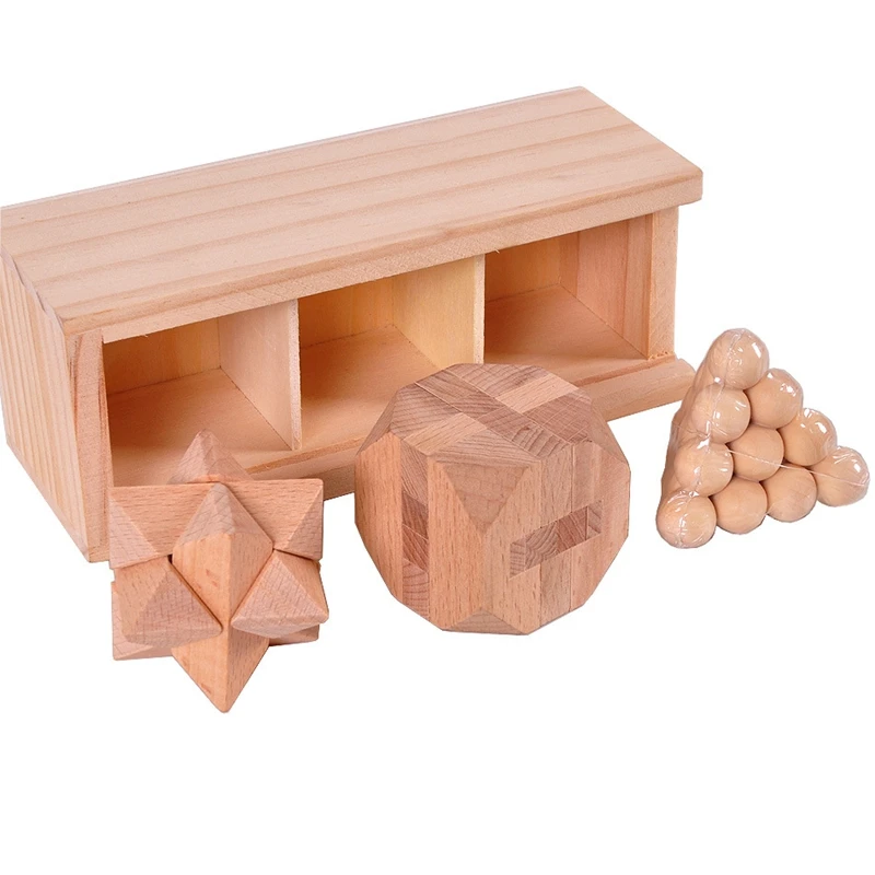 3Pcs Wood Brain Teaser Kong Ming Lock Wooden Box Interlocking Burr 3D Puzzles Game Toy Intellectual Educational For Adults Kids