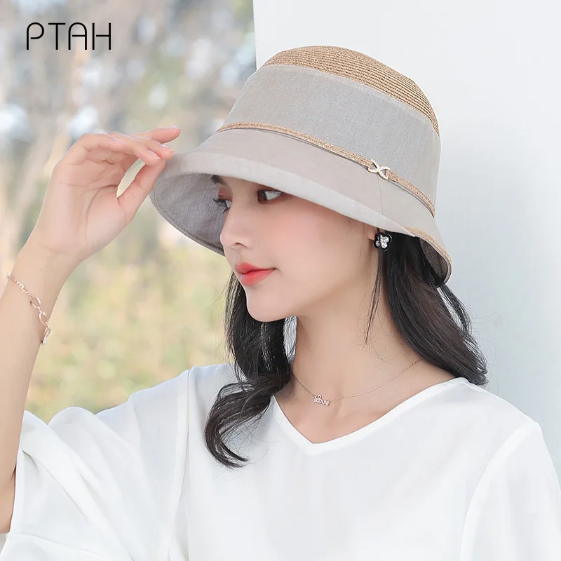 

[PTAH] Summer Women's Straw Cloth Hats Breathable Comfortable Caps Foldable Roll-up Beach Hat Sun Protection Anti-UV Hats Female