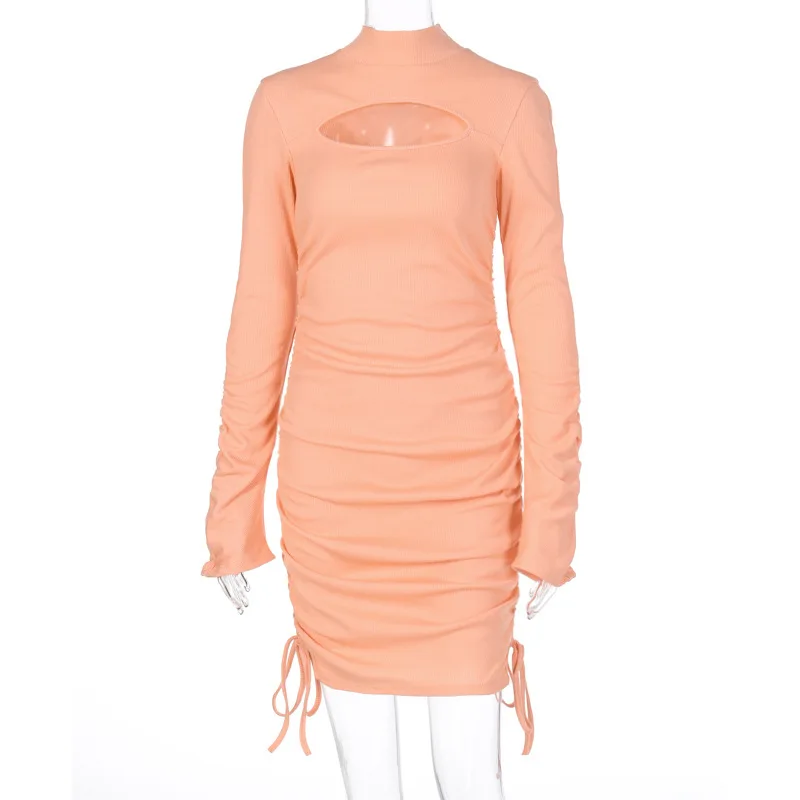 

2020 Long Ruched Flare Sleeve Hollow Out Bandage Slit Sexy Mini Pleated Dress Autumn Spring Women Fashion Streetwear Outfits