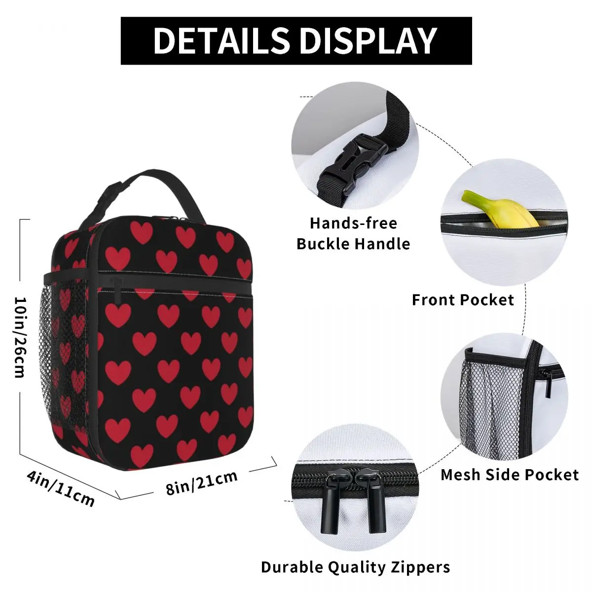 

Red Polka Hearts On Black Lunch Bag for Women Men Large Insulated Lunch Box with Water Bottle Holder and Pockets