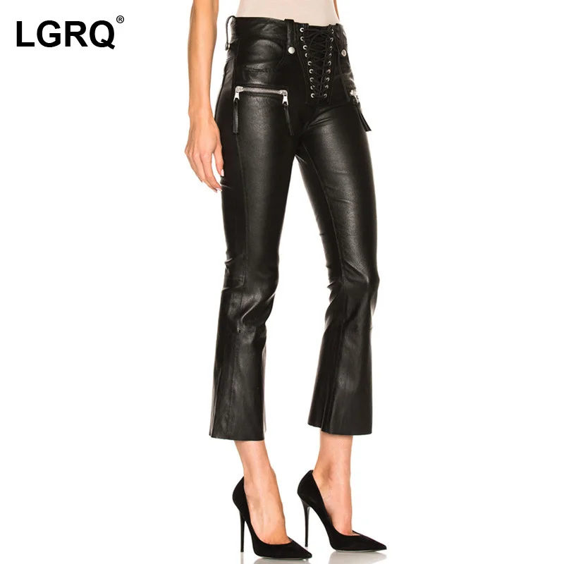 

[LGRQ] Women Fashion Black Patchwork Bandage Tight-fitting Washed PU Leather Eight-point Micro-pants 2021 Autumn Autumn 7E331