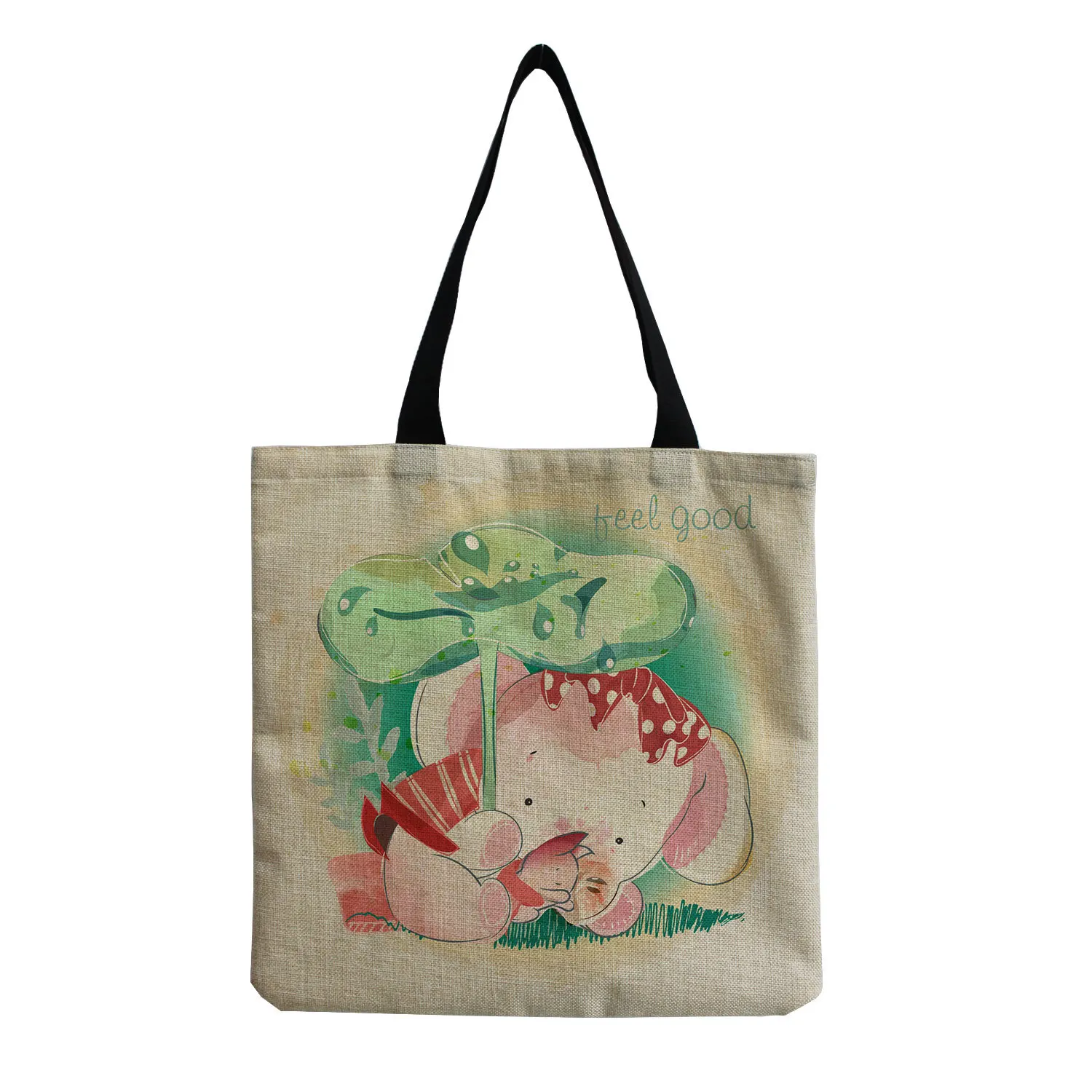 

YUECIMIE Reusable Outdoor Big Beach Shoulder Bag For Female Girl Linen Handbag Cute Elephant Printed Casual Tote Shopping Bag