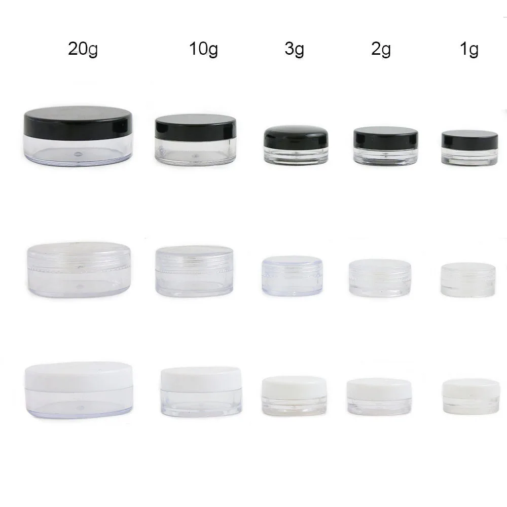 500pcs/lot 1g 2g  3g  10g  20g  Refillable Small Round Clear Cream Jar With Black White Plastic Cap Nail Glitter Storage Jar