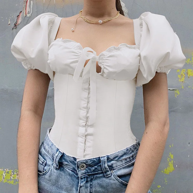 

2021 Fashion Puff Sleeve Women T-shirts Top White Slim Casual Simple All-match Bow Square Collar Black Lady Chic Crop Top