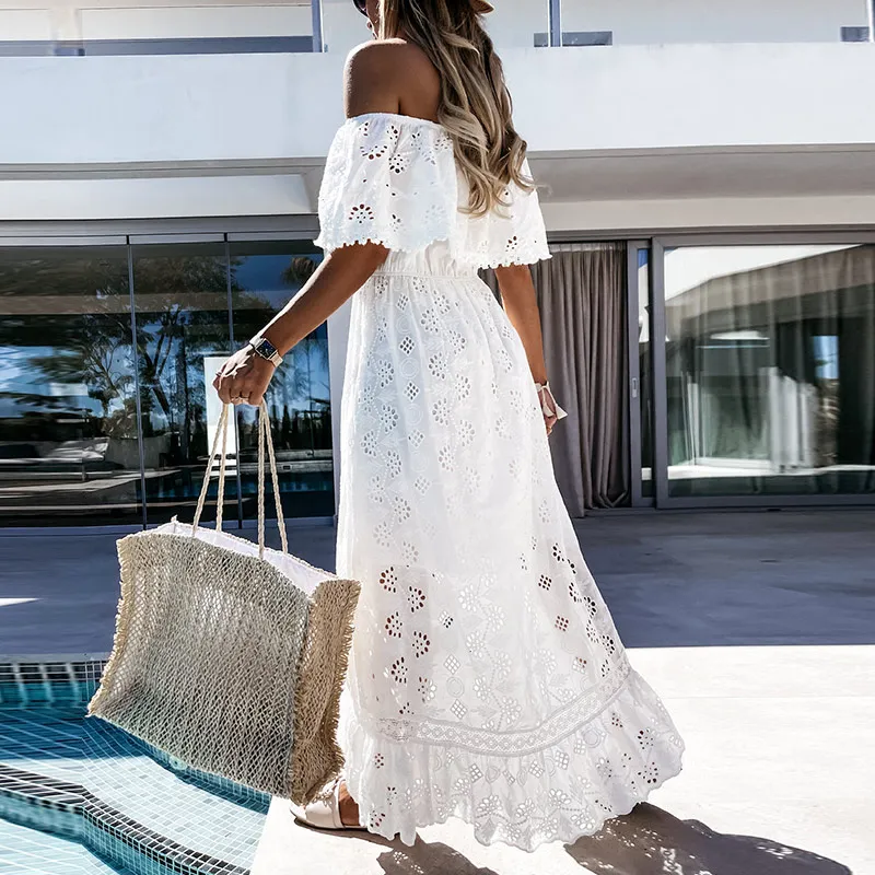 

2021 Women Elegant Summer Off Shoulder White Lace Midi Dress Fashion Casual Short Sleeve Bohemian Asymmetrical Dress