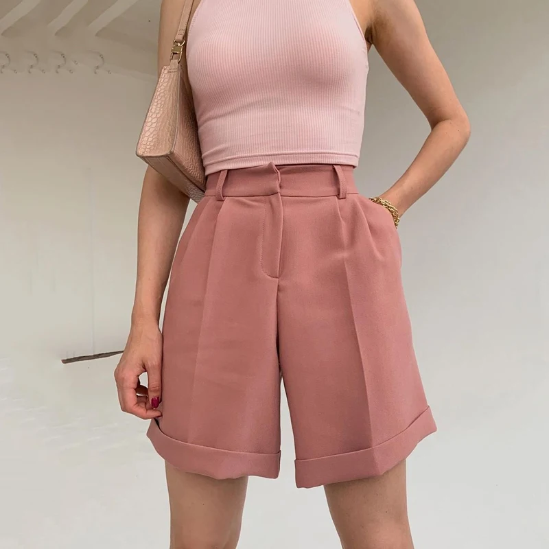 

Women's Trousers Flanging with Pockets, Zipper Buttons, Solid Color Fashion Casual Women's Shorts, Fashion Street Shooting 2021
