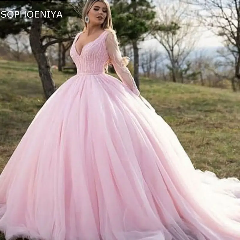 

Женское вечернее платье из тюля, Розовое Бальное Платье с V-образным вырезом и длинным рукавом, 2021