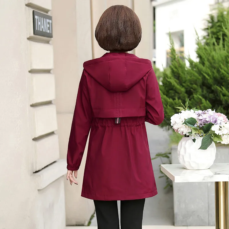 

2020Middle-aged Women Trench Coat Spring Autumn Casual Zipper Hooded Windbreaker Plus Size 5XL Ladies Slim Outerwear Lining Y422