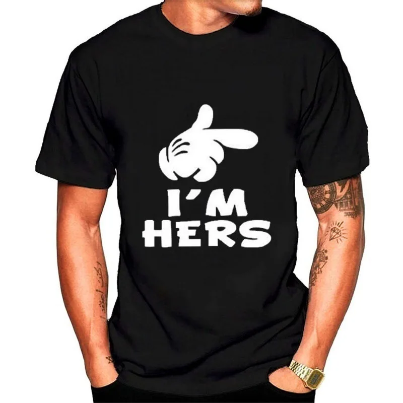He's Mine I'M Her Letter Print парная футболка с короткими рукавами и круглым вырезом свободная футболка для любителей вина Летняя женская футболка Топы