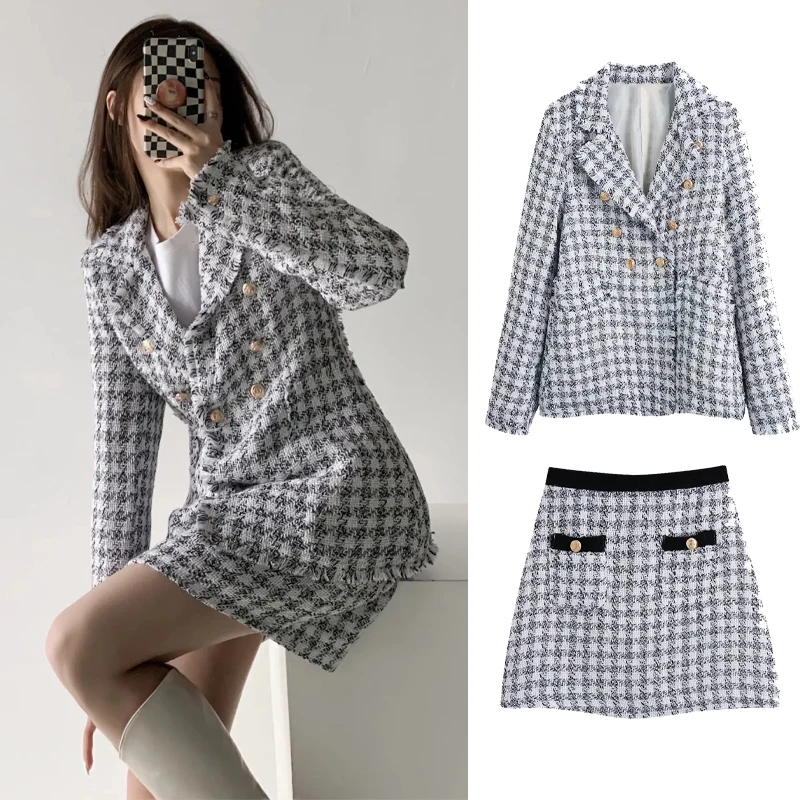 

Za 2021 Women Retro Plaid 2-piece Set Frayed Trims Outerwear Fashion Office Blazer Jacket High Waist Mini Skirt Set Casual Suit