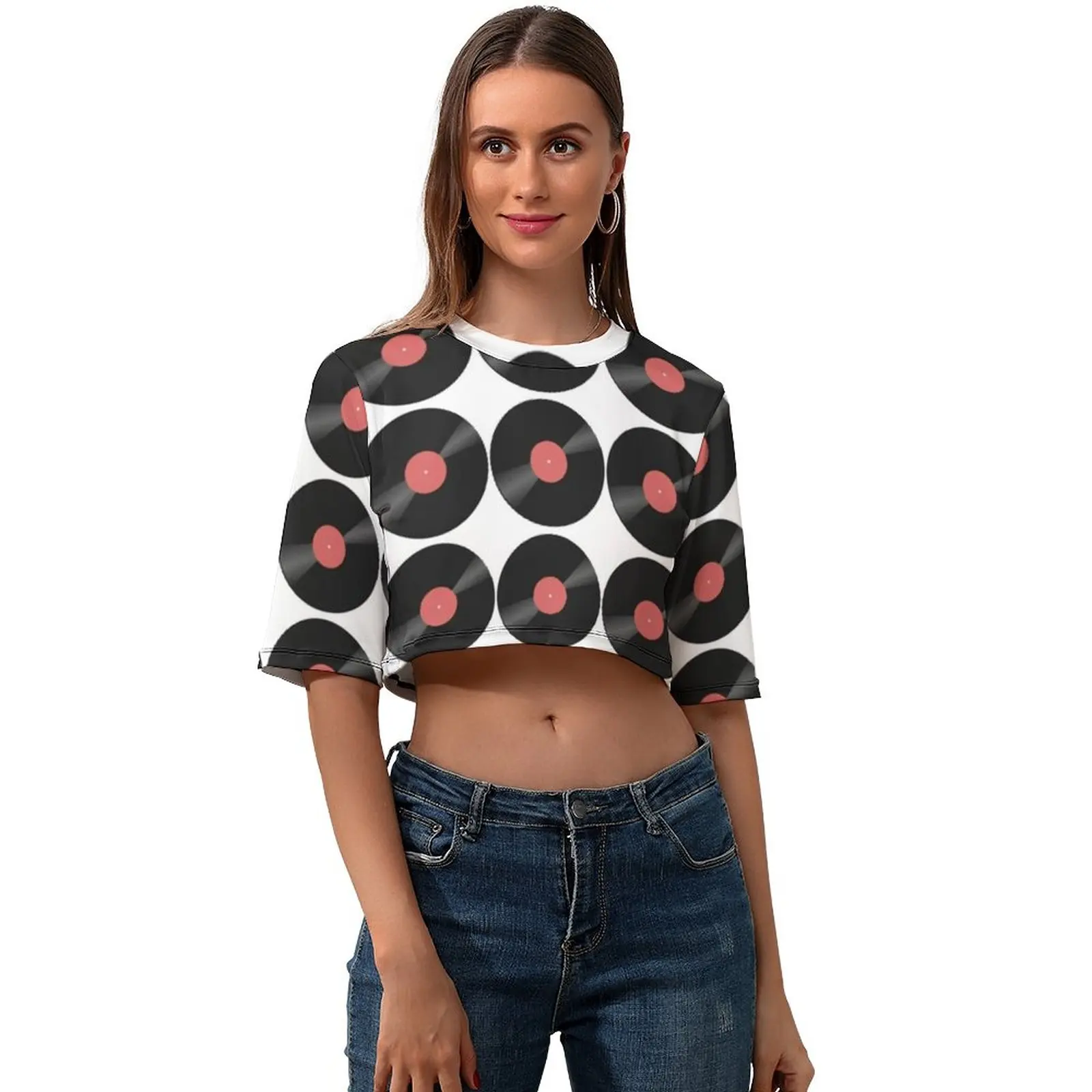 

Музыка кроп-футболка с коротким рукавом женская футболка Street Стиль Kawaii с круглым вырезом узор футболка из полиэстера