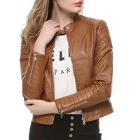 Nice Vogue Women Elegant Zipper Faux Leather Biker Jacket In Brown Black Slim Ladies Coat Casual Chic Motorcycle Leather Coat