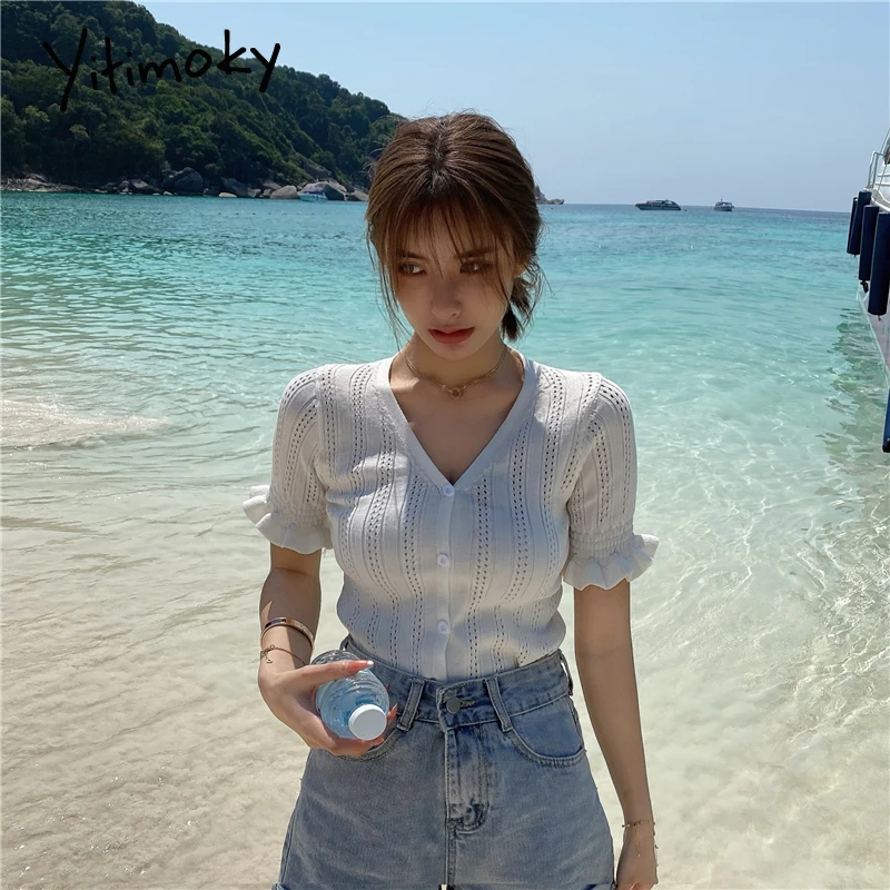 Женский короткий кардиган с вырезами вязаный свитер v-образным вырезом и