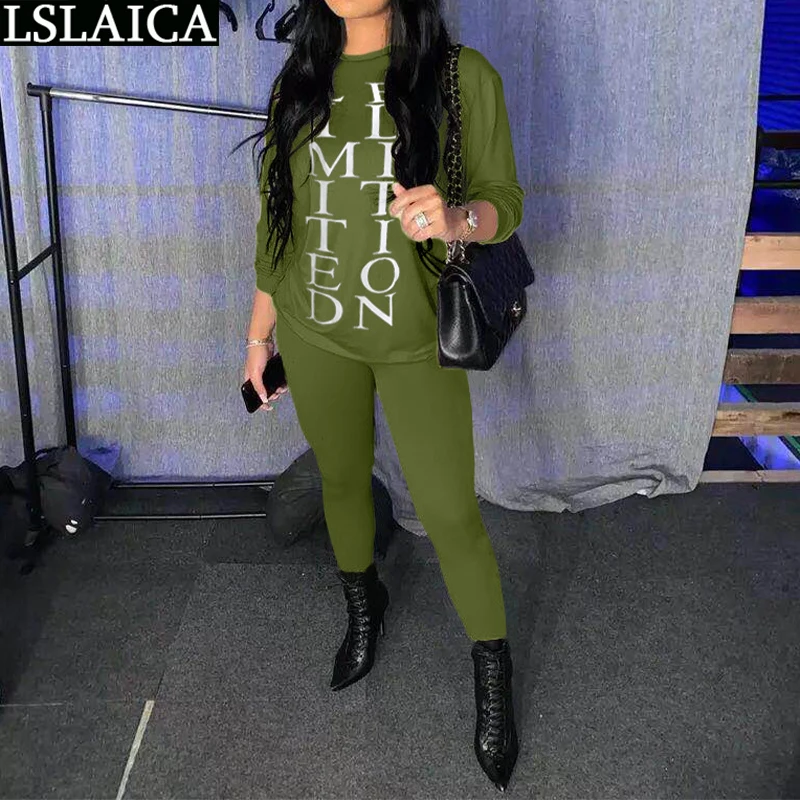 

Two Piece Set Women Sweat Suits Letter Print Fashion Long Sleeve O Neck Tops Pencil Pants Sets Outfits Casual Home Clothes