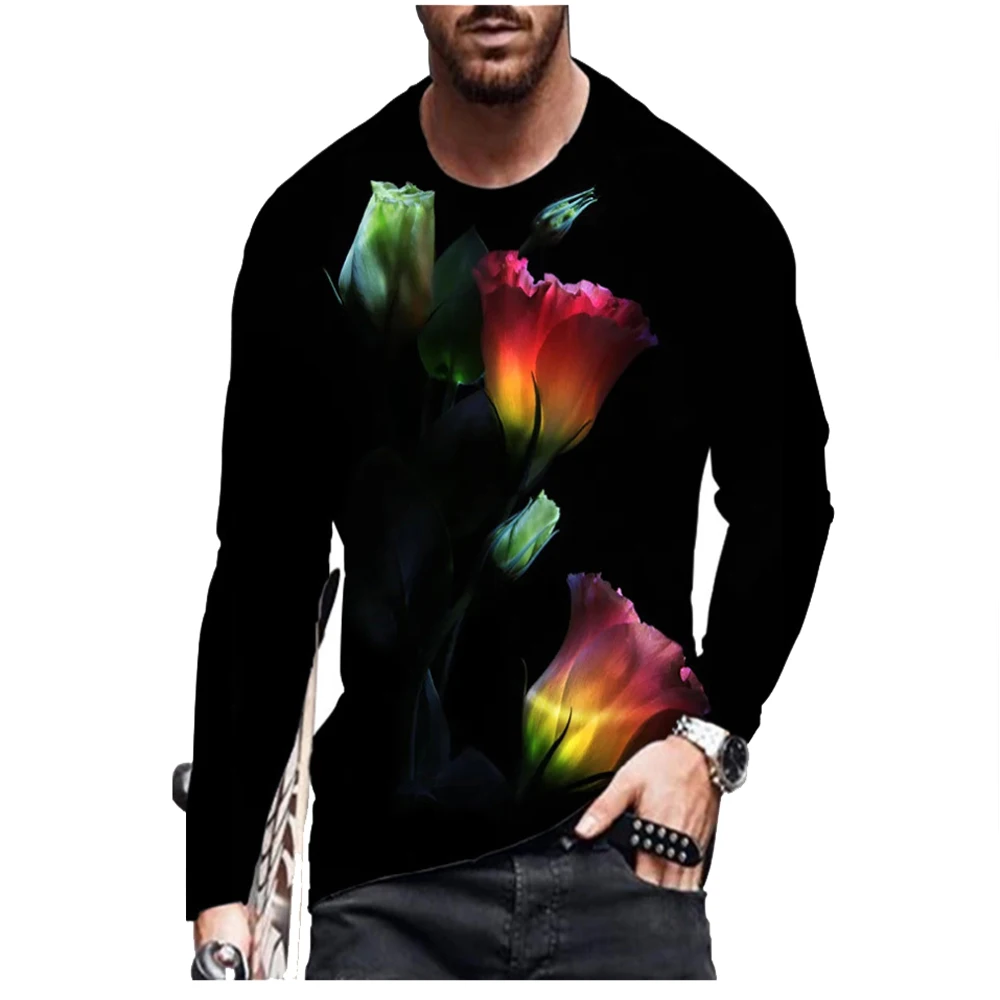 

2021 new European And American Summer Hip-hop Men's 3D T-shirt New Cartoon Printing Rose Long-Sleeved Casual Fashion Sports