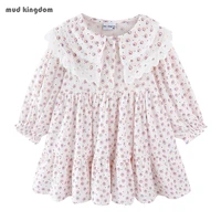 mudkingdom girls vintage dress with collar lace trim long sleeve floral print gilrs princess dresses for kids clothes fashion