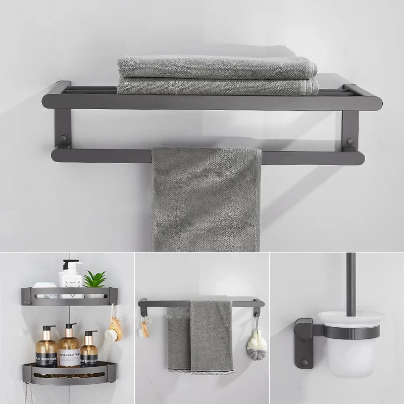 gunmetal gray bathroom accessory set space aluminum metal towel rail rack bar shelf paper holder toothbrush holder free global shipping