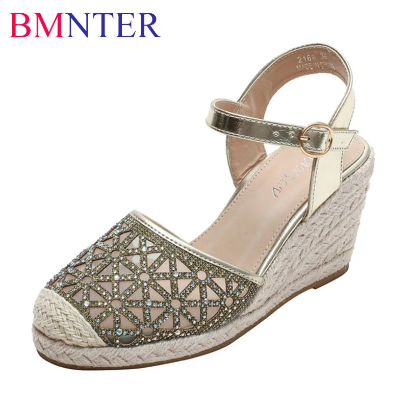 

BMNTER Big Size 36-42 crystal mesh fisherman shoes woman creepers cover toe sandalias summer hemp wedges high heels sandals wome