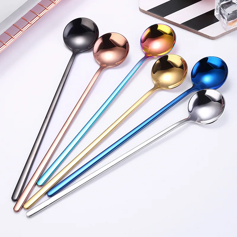 

1PC Long Handle Stainless Steel Round Spoon Creative Cold Drink Dessert Ice Spoon Japanese Tableware Honey Stirring Spoons