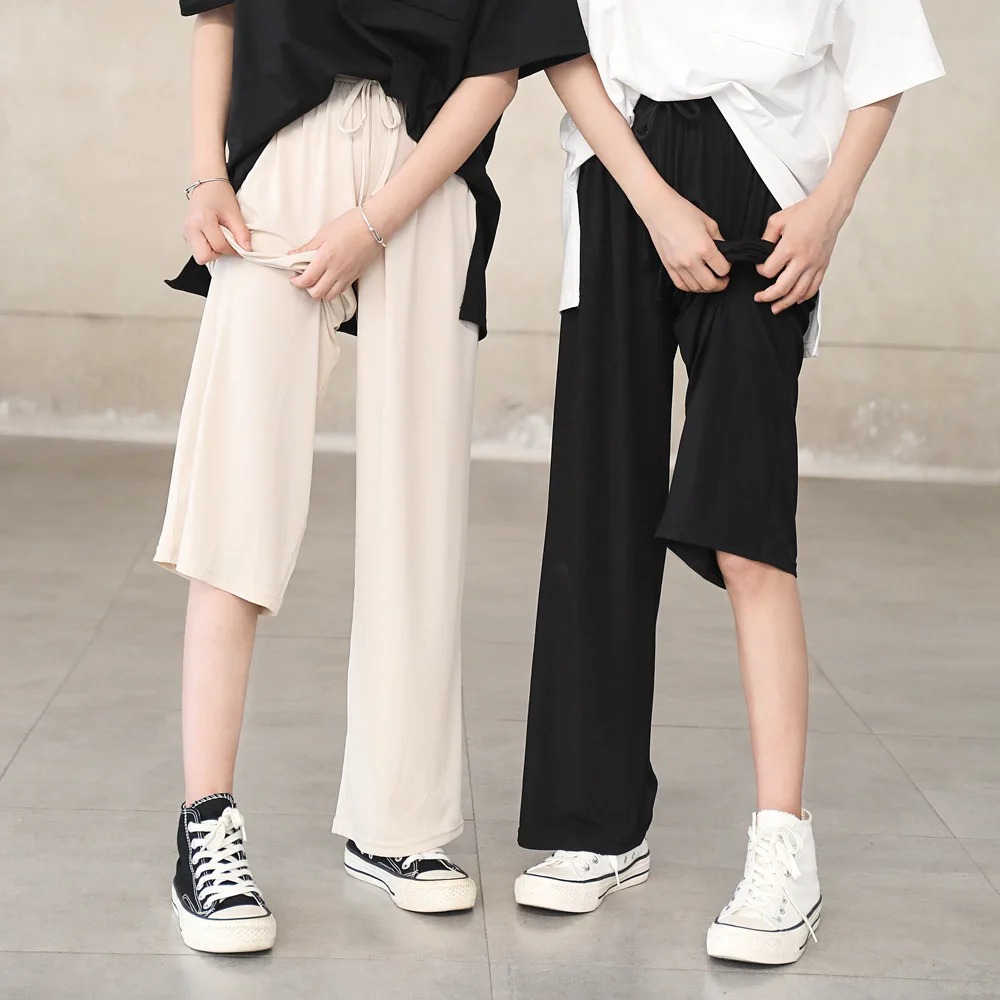 Брюки тонкие шелковые для девочек свободные штаны с высокой талией и широкими